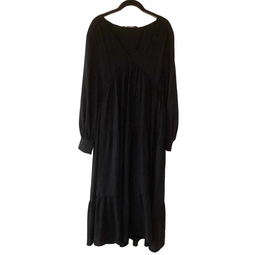 Zara Tiered Maxi Dress Long Sleeve Black M Boho Goth Dark Cottagecore Prairie - Picture 1 of 7